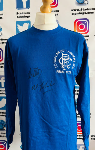 Willie Johnston and Colin Stein signed 1972 Cup Winners Cup Final Rangers Shirt