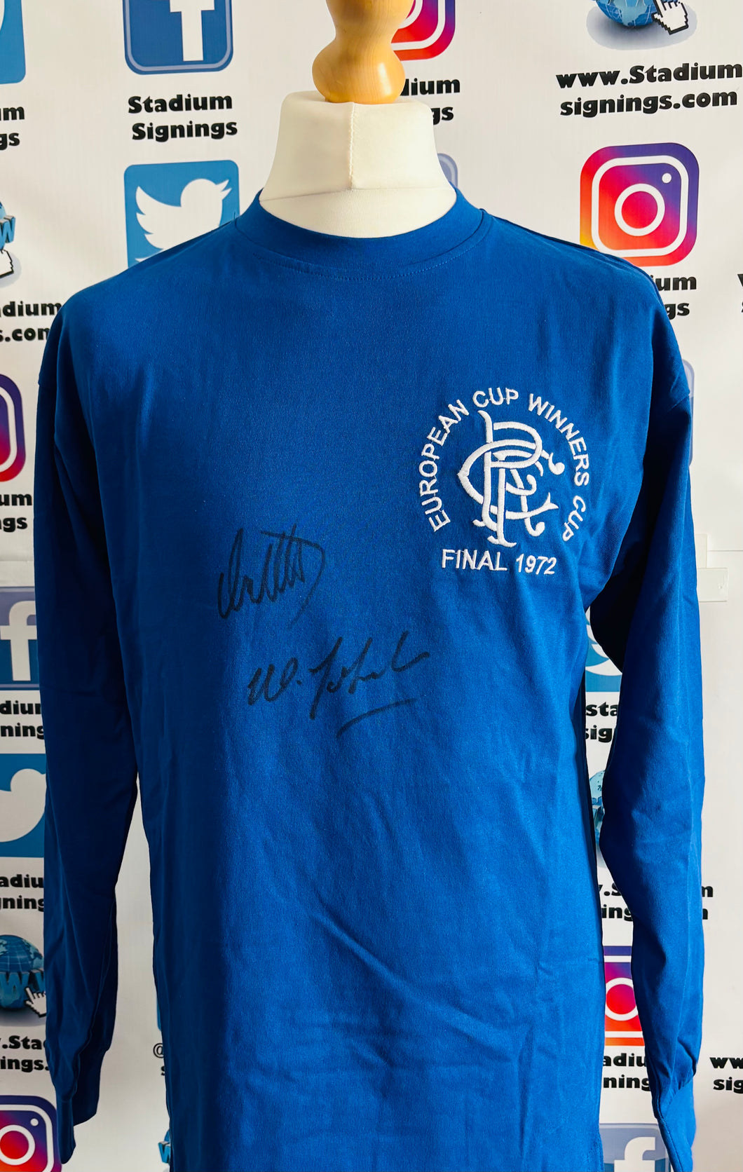 Willie Johnston and Colin Stein signed 1972 Cup Winners Cup Final Rangers Shirt